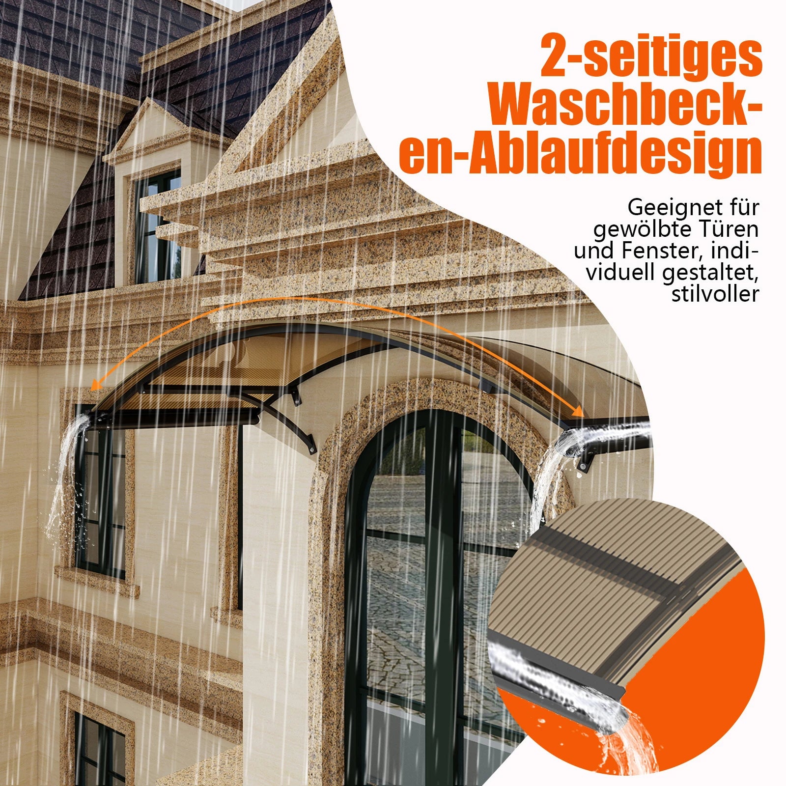 Regenbogenförmige Markise mit beidseitiger Entwässerung