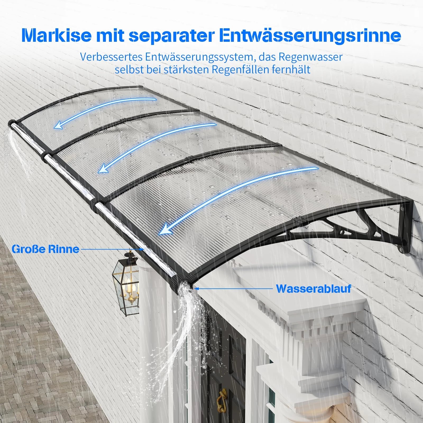 markise curve Haustür Vordach 80x100 cm, Polycarbonat Überdachung Markise mit separater Entwässerung & ABS Halterung – Dawninghome.de
