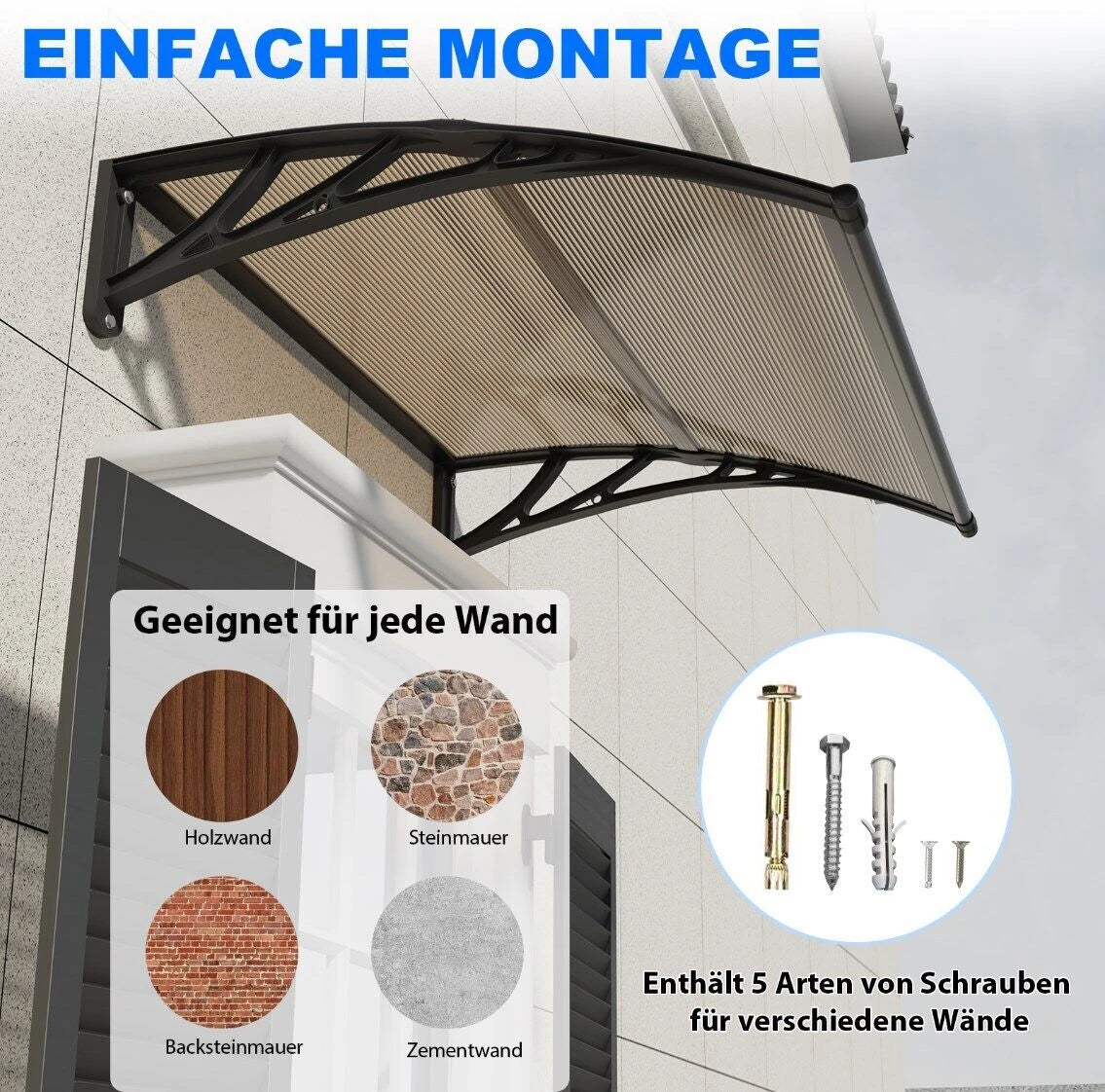 Die Markise MS01 eignet sich für verschiedene Wandtypen