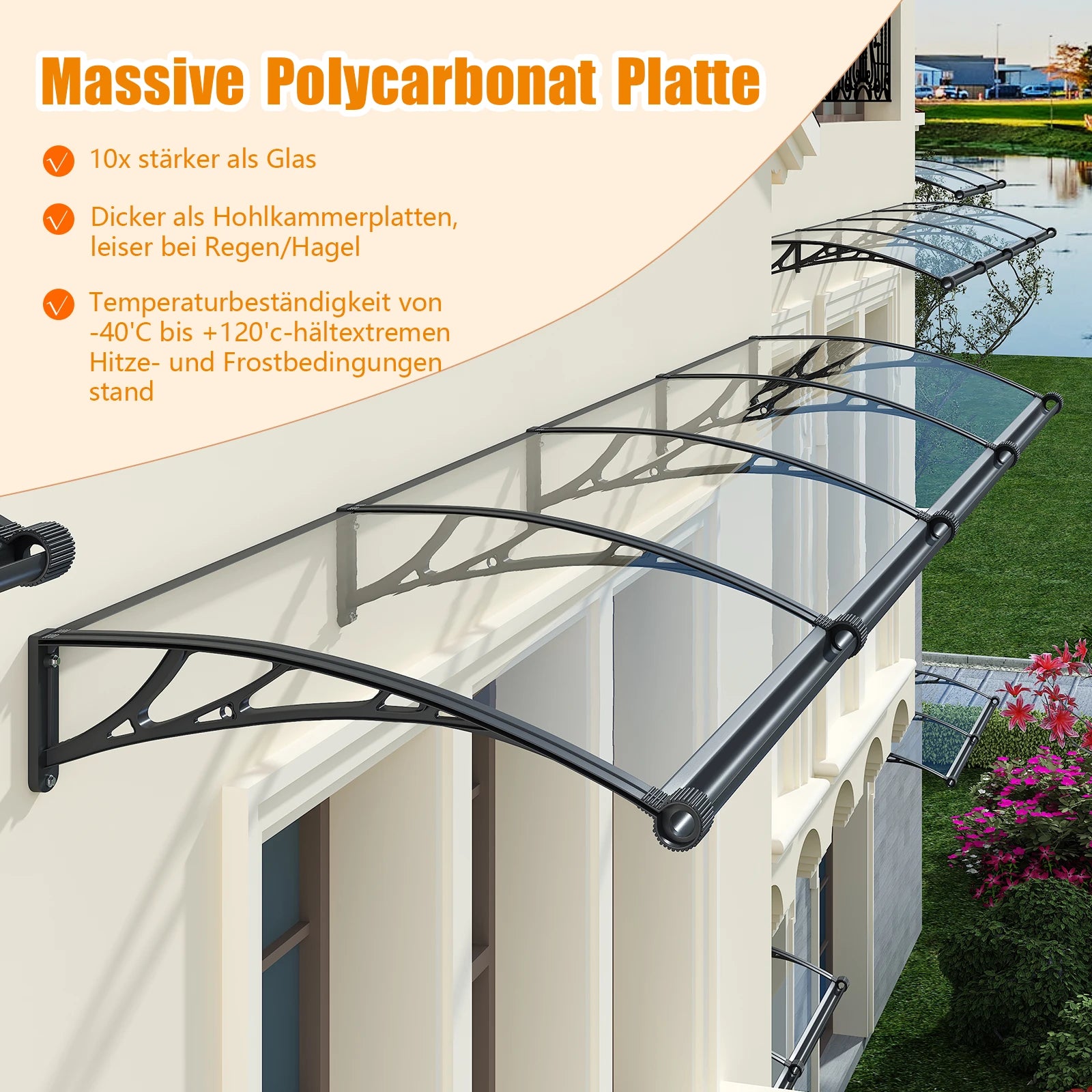 Markise aus massiver PC-Platte mit Abflussrohr